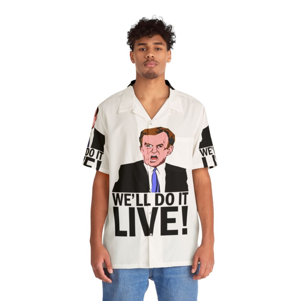 "We'll Do It Live!" Hawaiian Shirt with Yelling News Reporter Design - People Front