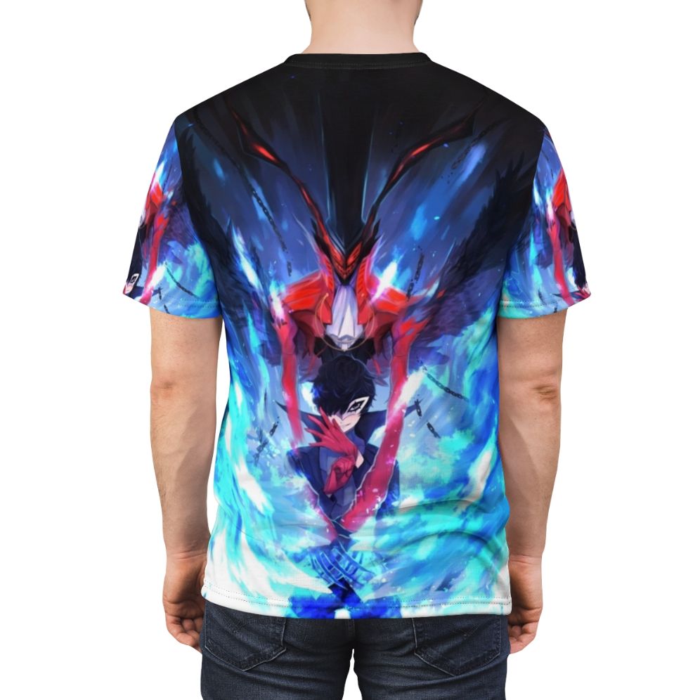 A high-quality t-shirt featuring a stylized graphic of the Persona 5 character Joker, with fiery and demonic elements. - men back