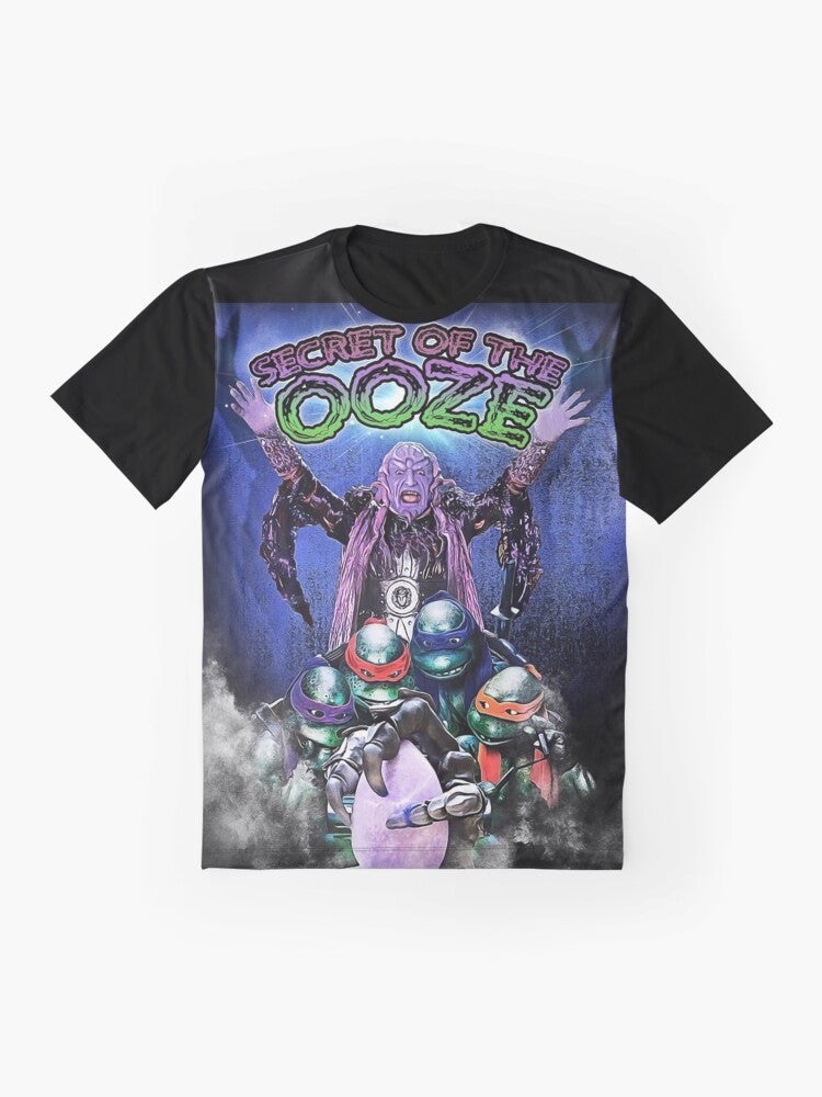 Vintage-style Ninja Turtles graphic t-shirt featuring a mashup design with the characters and the 'Secret of the Ooze' movie theme. - Flat lay