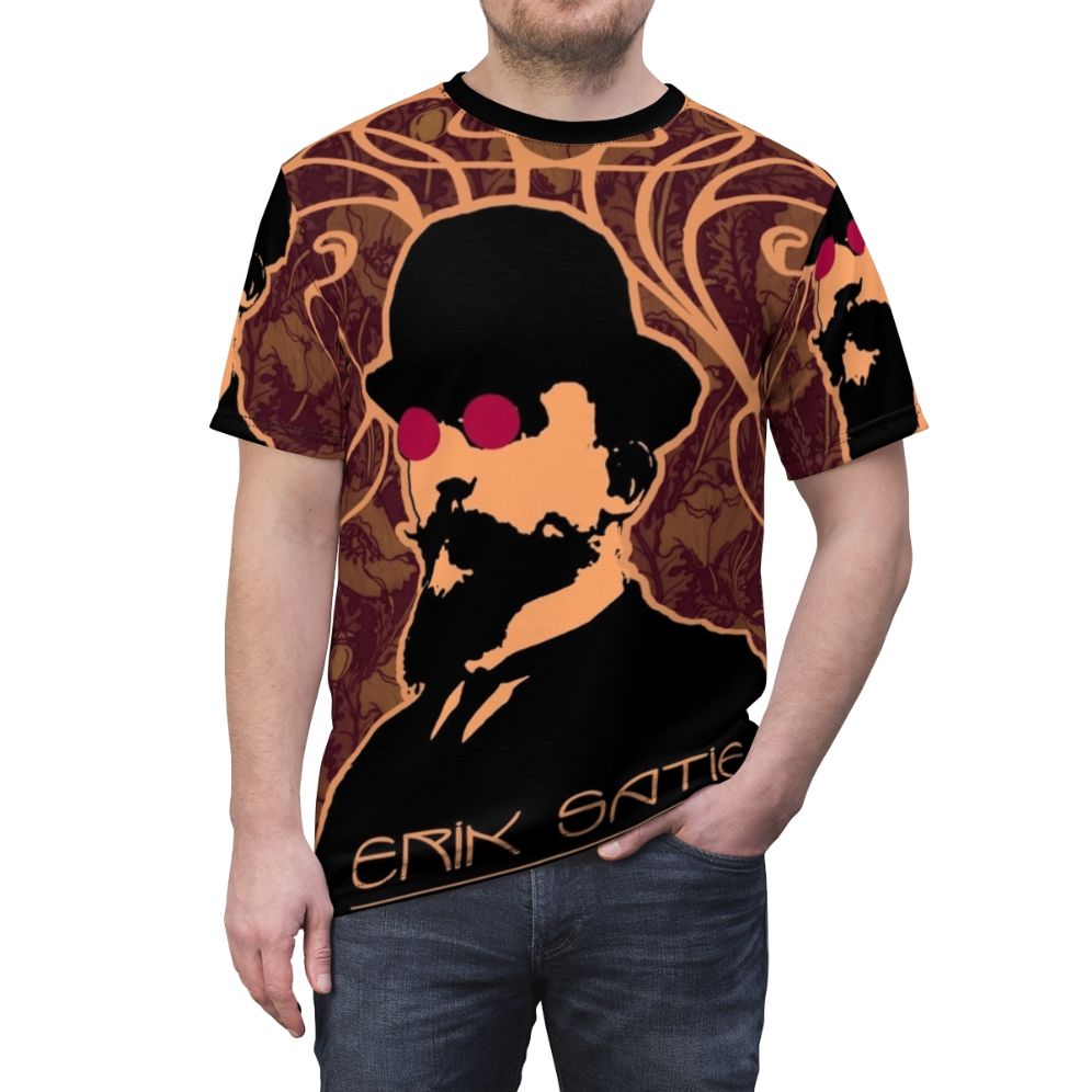 Vibrant and surreal AOP t-shirt design inspired by the art nouveau and classical music compositions of composer Erik Satie. - men front