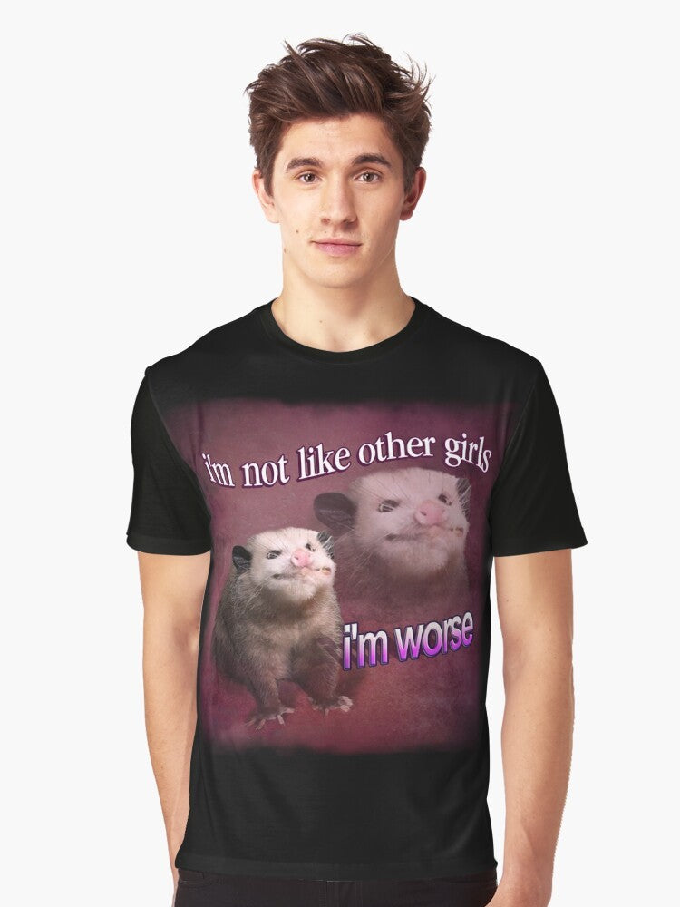 Funny graphic tee featuring a possum with the text "I'm Not Like Other Girls, I'm Worse" in a word art style. - Men