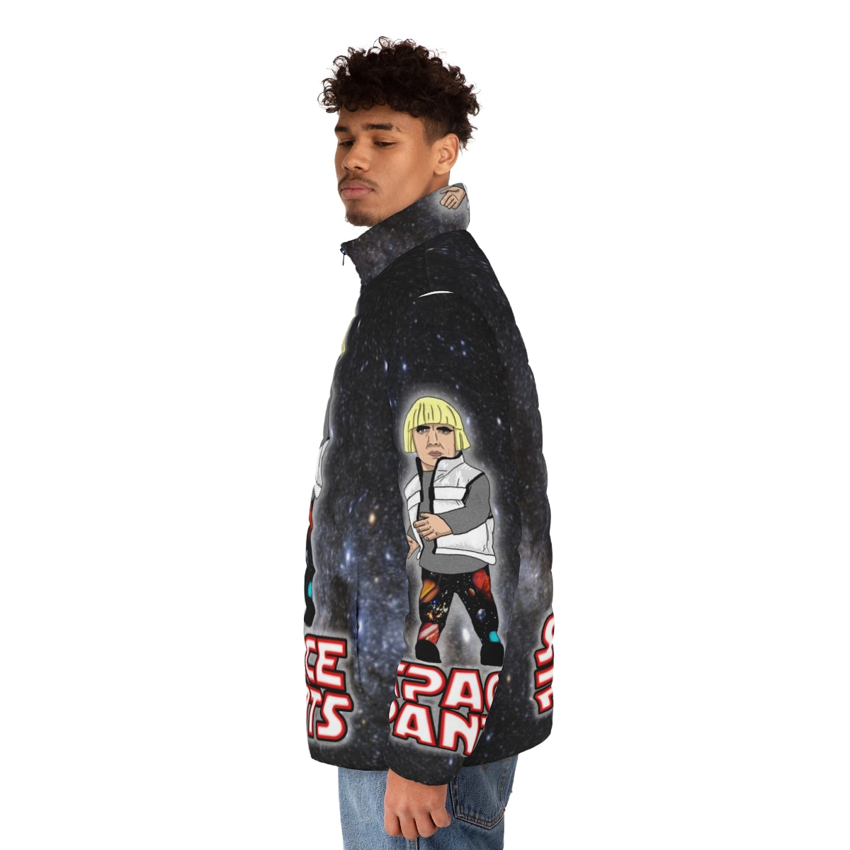 Puffer jacket with a galaxy and outer space design - men side left