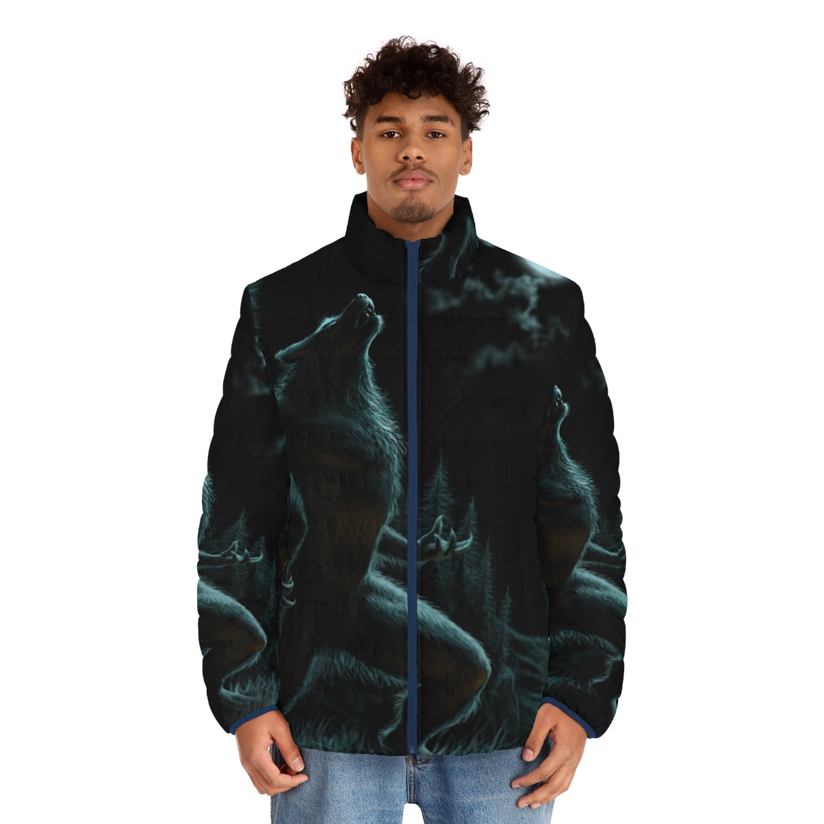 Werewolf puffer jacket with a howling design against a full moon - men front