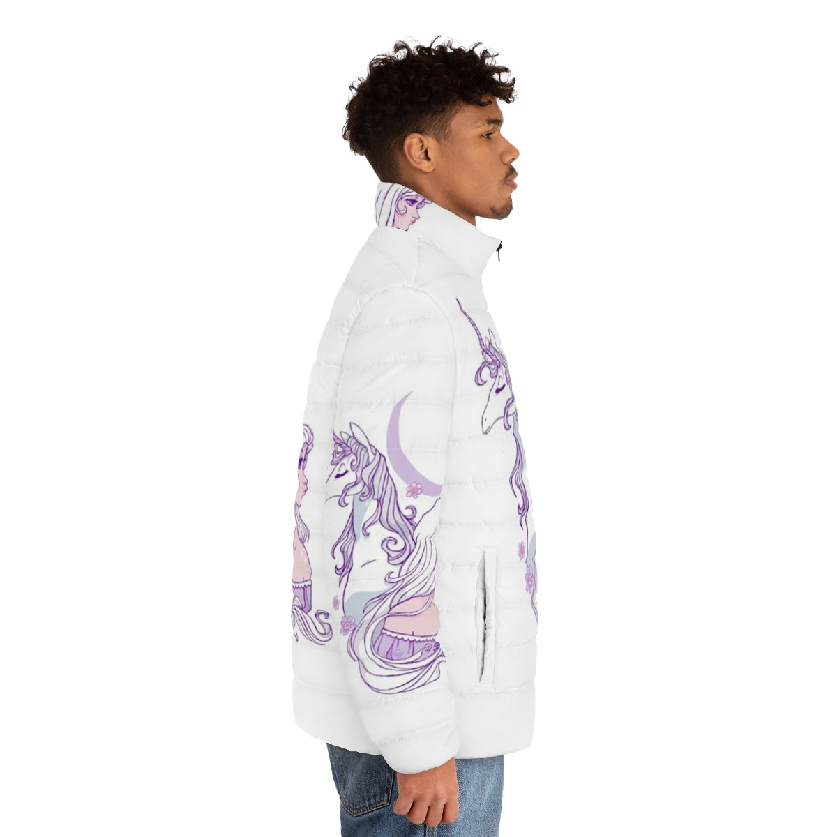 The Last Unicorn Puffer Jacket featuring a legendary unicorn in a whimsical, magical design - men side right