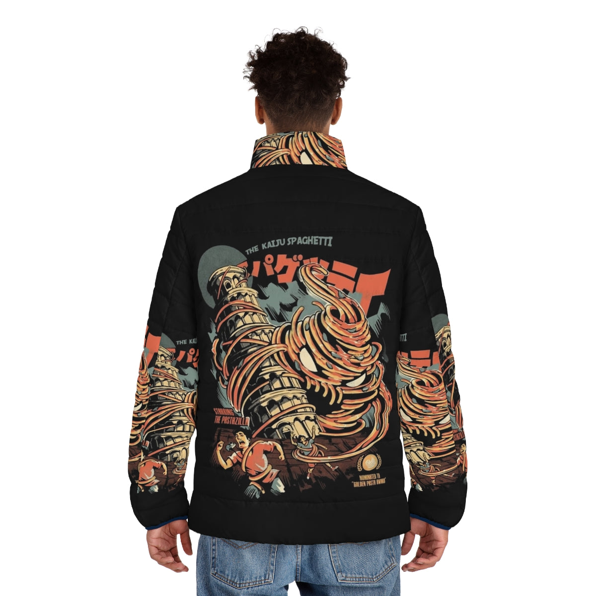 Kaiju Spaghetti Black Puffer Jacket, a retro inspired Japanese monster fashion design - men back