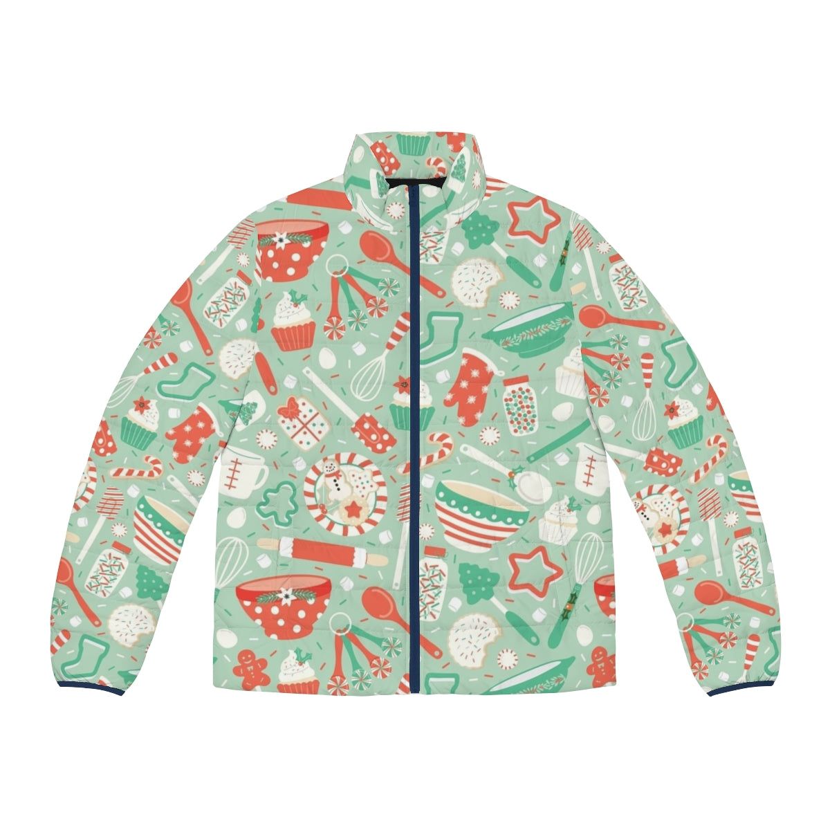 Christmas baking puffer jacket with festive holiday patterns and designs