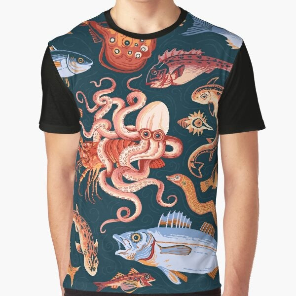 A graphic t-shirt featuring an illustration of an ancient Roman mosaic from Pompeii, depicting ocean life such as an octopus and fish.