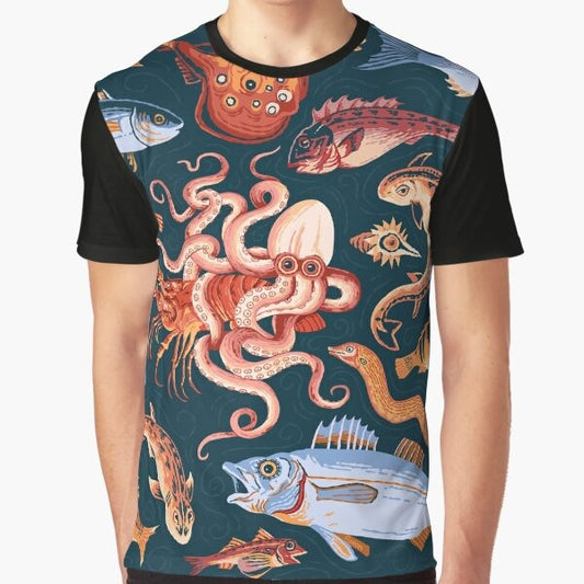 A graphic t-shirt featuring an illustration of an ancient Roman mosaic from Pompeii, depicting ocean life such as an octopus and fish.