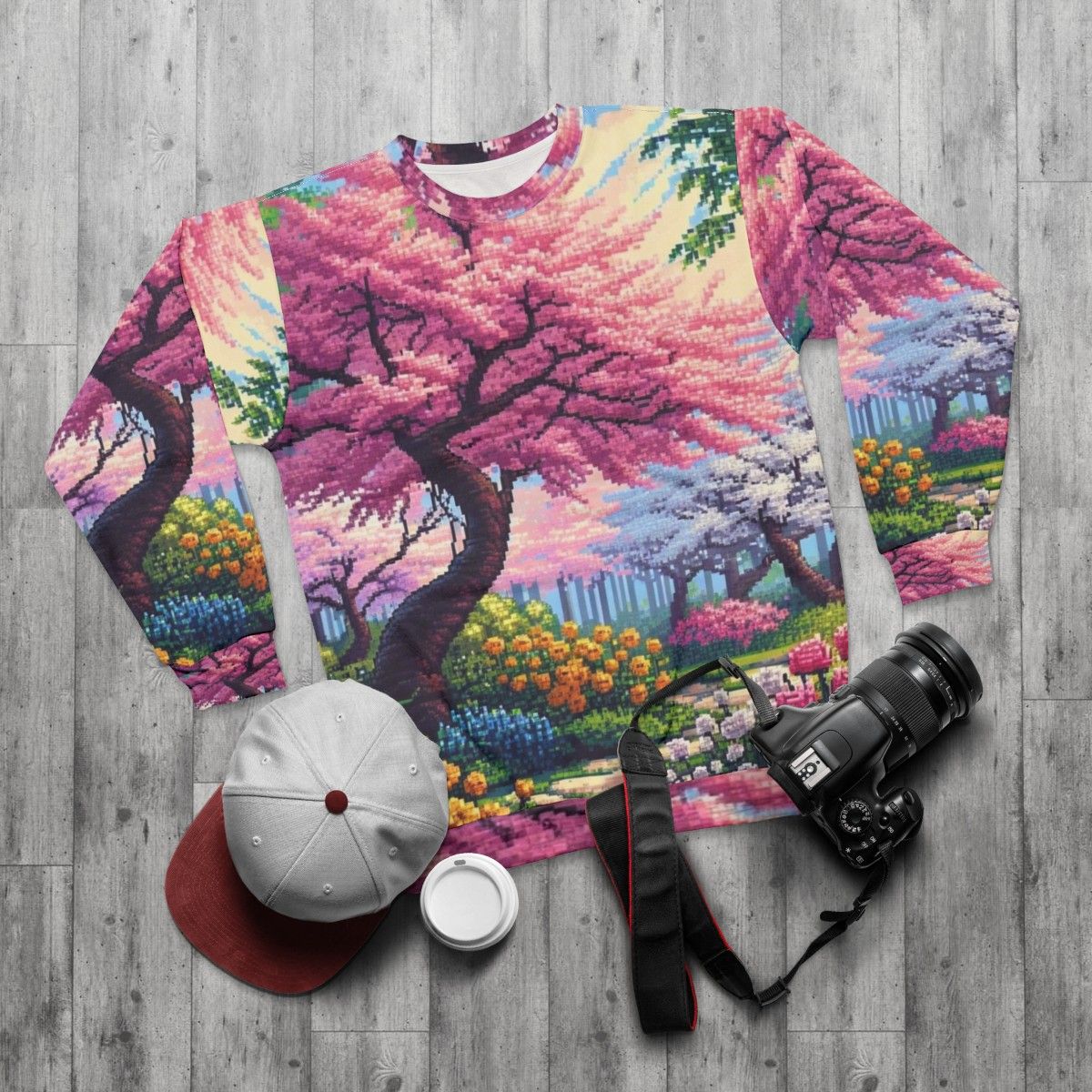 Japanese Cherry Tree Sweatshirt with Vibrant Floral Pixel Art Design - flat lay