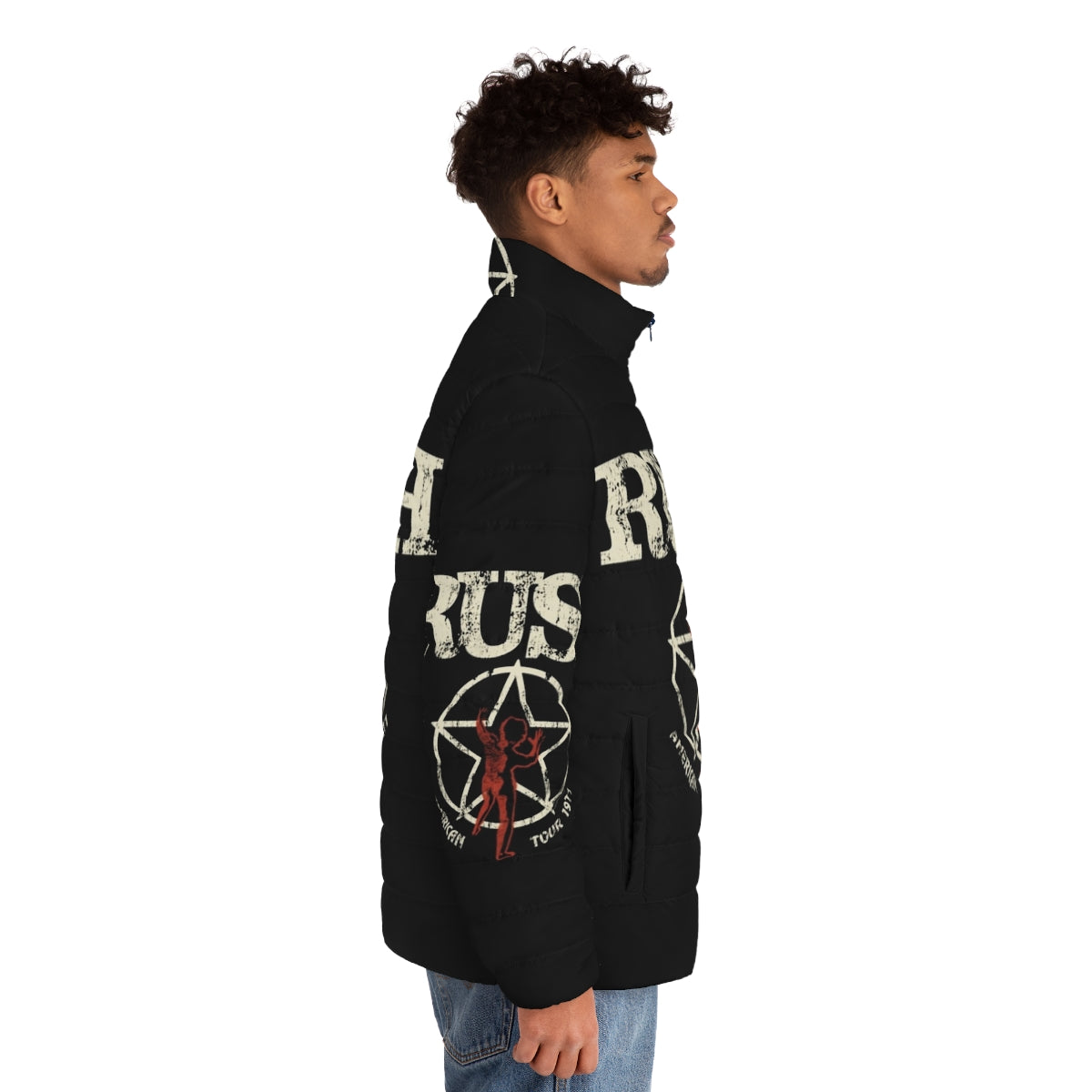 Rush band logo on retro-style puffer jacket for music fans - men side right