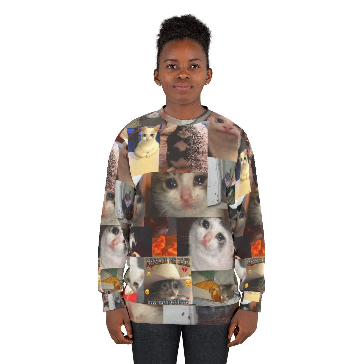 Crying cat meme printed on a cozy sweatshirt - women