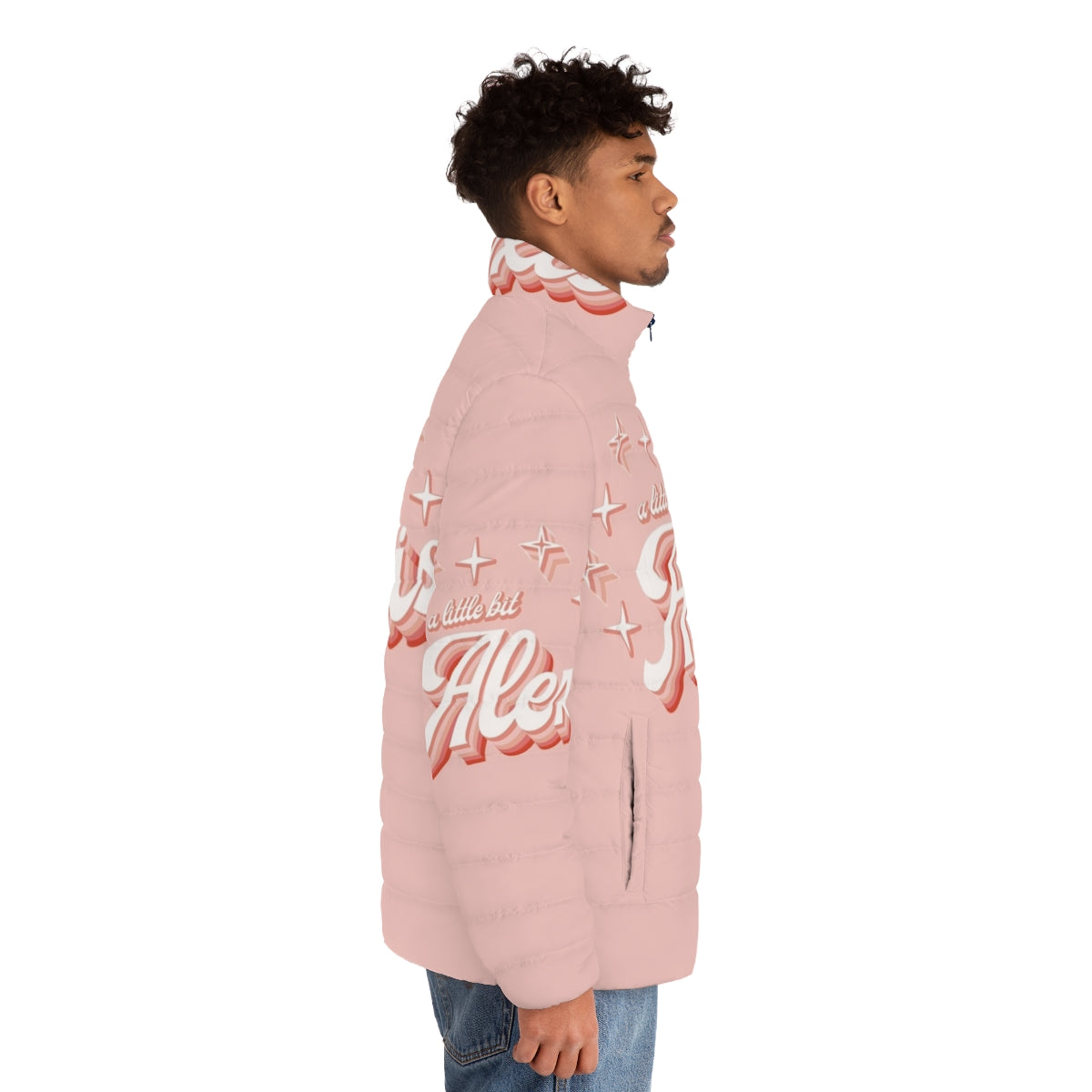 Alexis Rose inspired pink gradient puffer jacket with retro star pattern - men side right