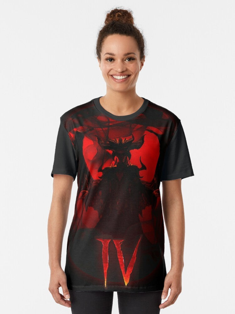 Diablo 4 Lilith graphic t-shirt featuring the demonic Lilith from the Diablo franchise. - Women