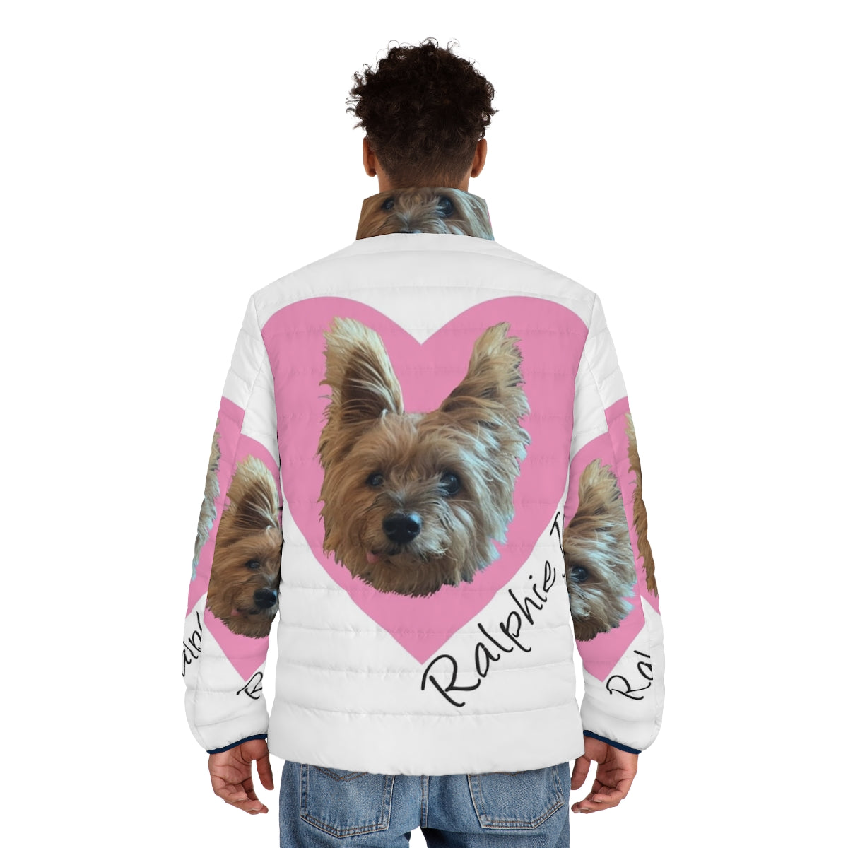 Ralphie Joe wearing a cozy puffer jacket for Valentines Day - men back