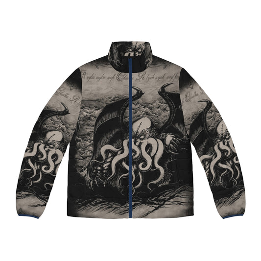 Lovecraft-inspired Cthulhu puffer jacket with vintage-style tentacle monster illustration