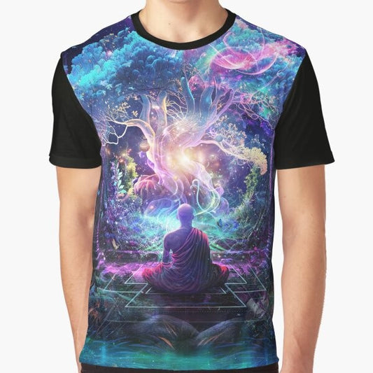 Visionary cosmic garden graphic t-shirt featuring a magical tree and neon blue details