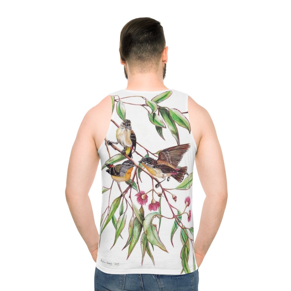 Spotted pardalotes on pink flowering gum unisex tank top - men back