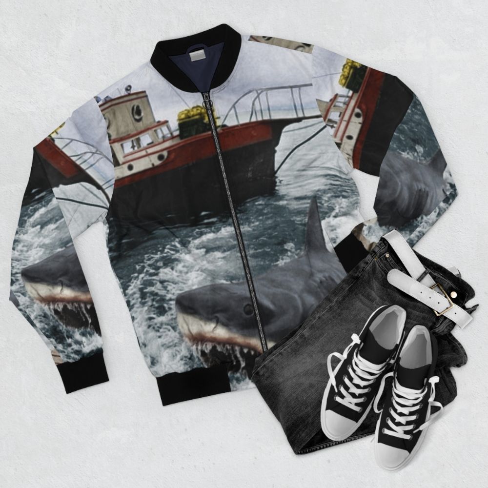 Jaws Shark Bomber Jacket, featuring a vintage, recolored photo of the iconic movie "Jaws" - Flat lay