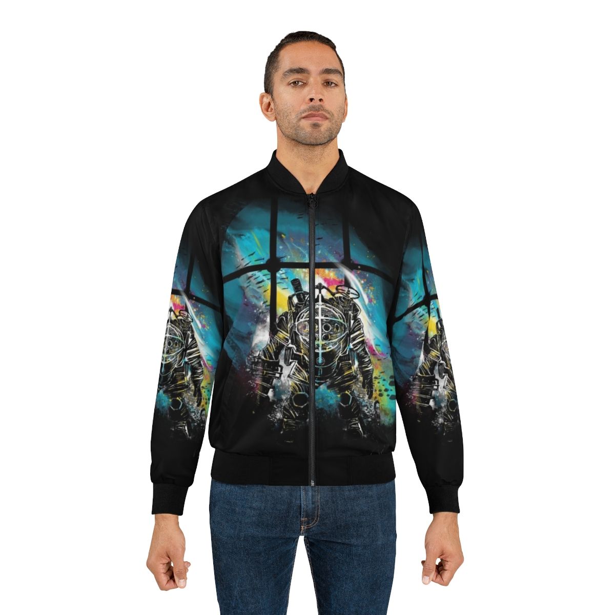 Bioshock-inspired watercolor-style bomber jacket featuring the iconic Mr. Bubbles character - Lifestyle