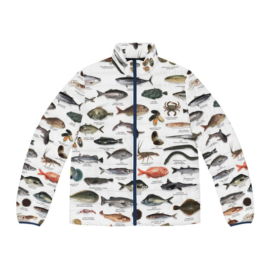 Nz fish species puffer jacket, featuring a vibrant marine life design