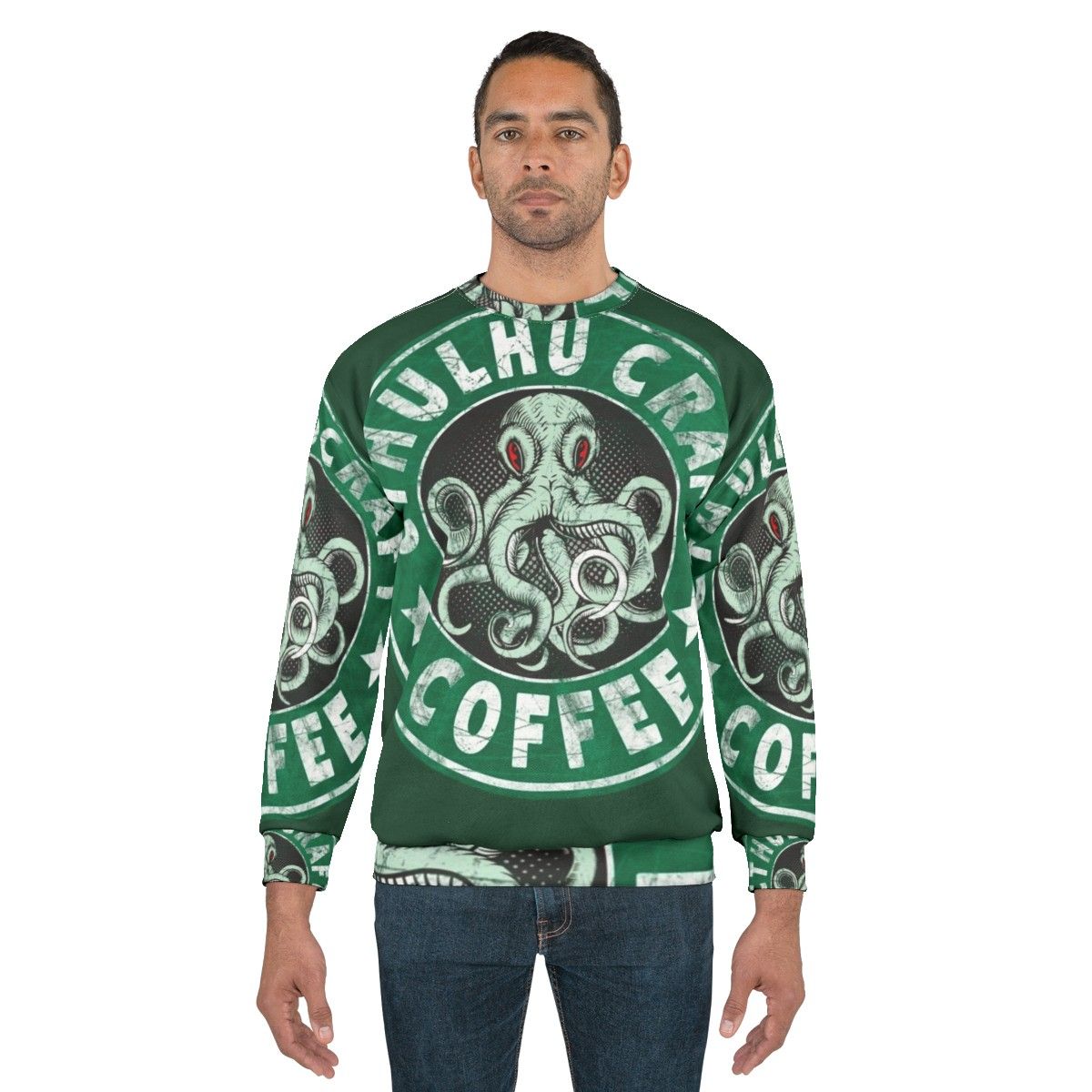 Cthulhu Craft Coffee Sweatshirt featuring a graphic design inspired by HP Lovecraft's The Call of Cthulhu - men