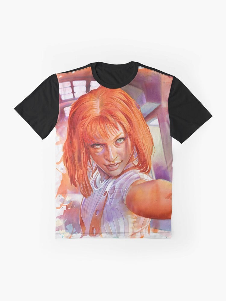 Leeloo, the supreme being from the movie The Fifth Element, featured on a graphic t-shirt design. - Flat lay