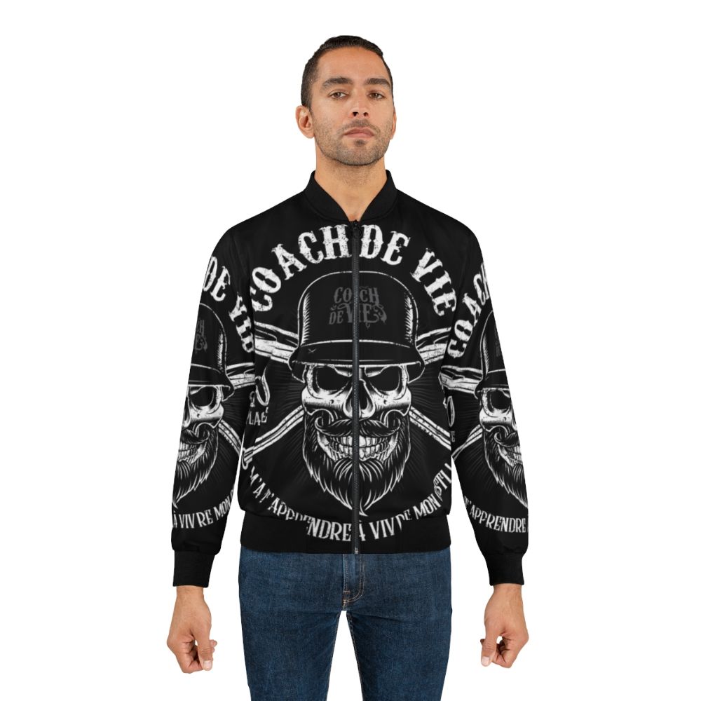 Biker bomber jacket with pop art design and "Teach Me How to Live My Osti!" life coach slogan - Lifestyle