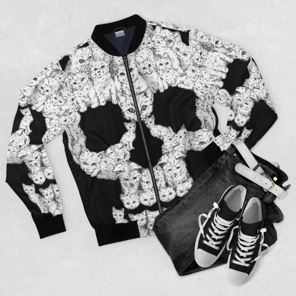 A bold bomber jacket featuring a graphic design of a skull and cute kittens - Flat lay