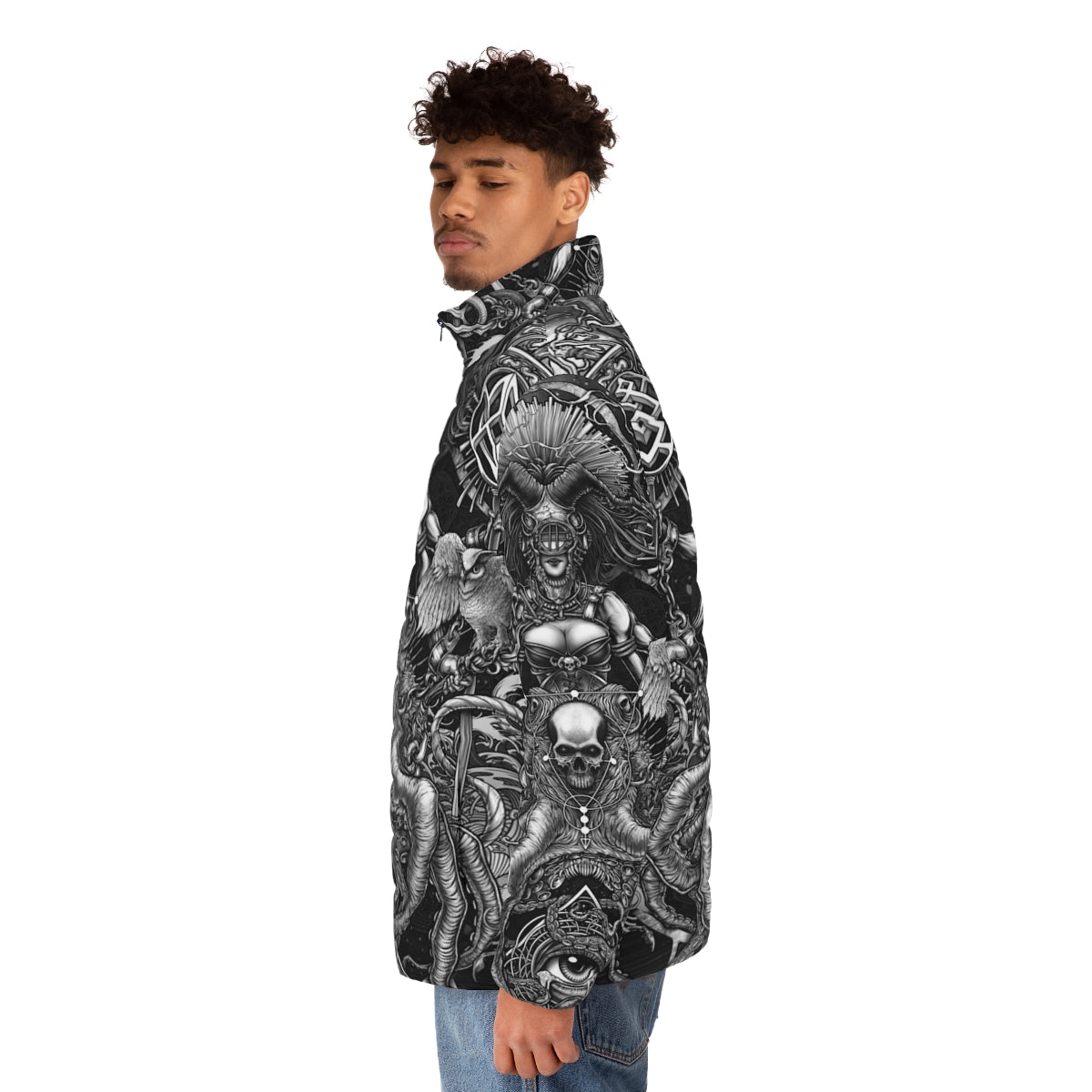 Puffer jacket featuring a surreal octopus and skull design in black and white - men side left