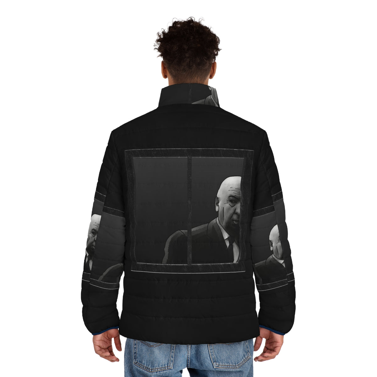 Alfred Hitchcock inspired puffer jacket featuring a graphic black and white design - men back