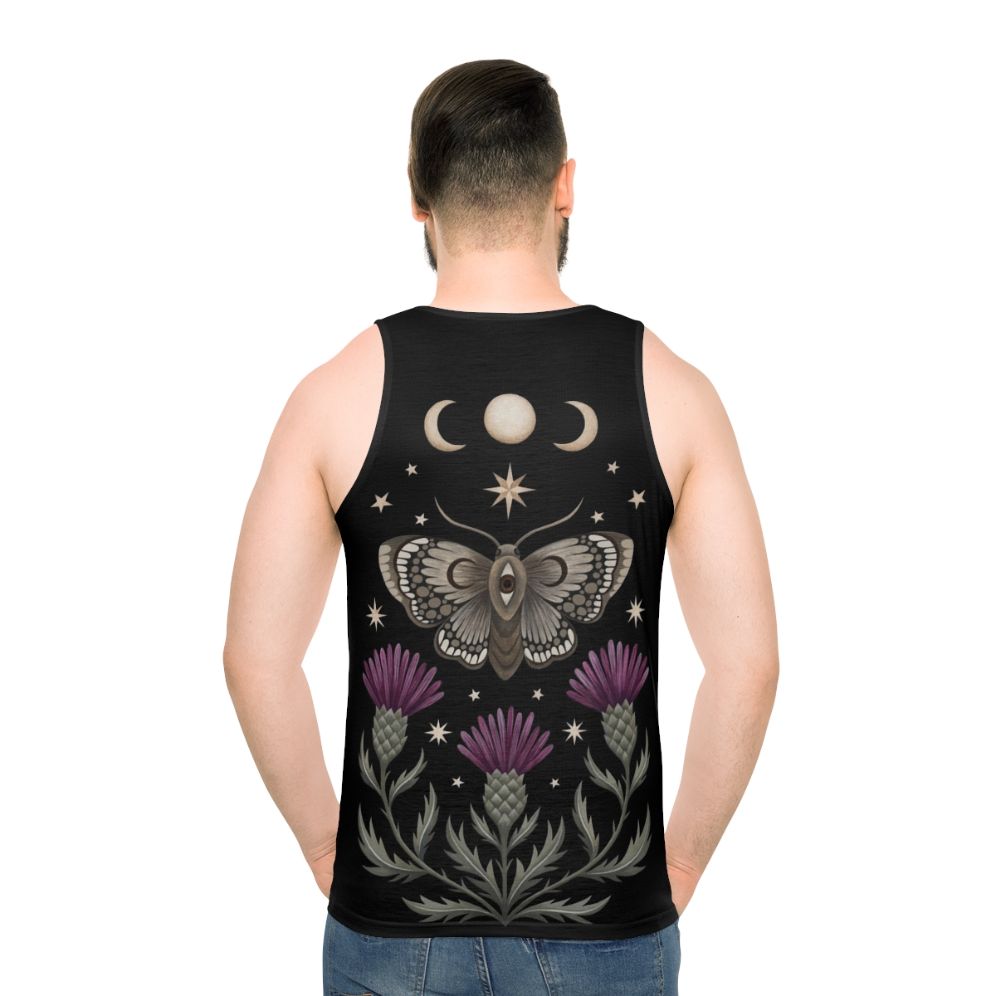 Unisex tank top with celestial moth and thistle design - men back