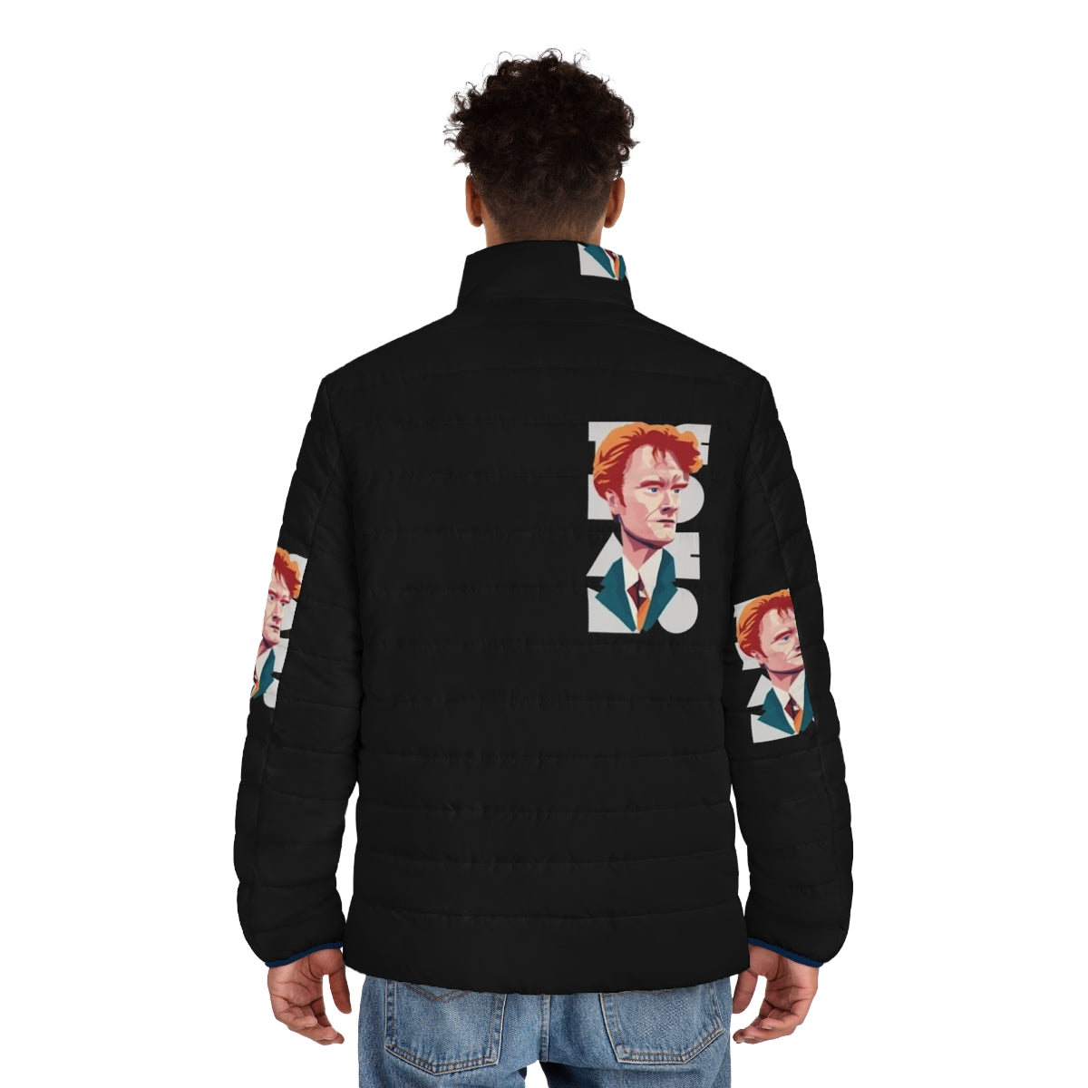 Team Coco Puffer Jacket featuring a funny caricature portrait of Conan O'Brien in a vintage style design - men back