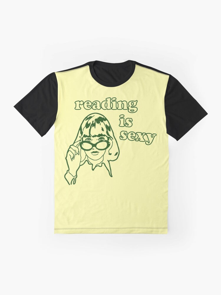 A graphic t-shirt featuring the text "Reading is Sexy" and an illustration of Rory Gilmore, a character from the TV show Gilmore Girls, known for her love of reading. - Flat lay