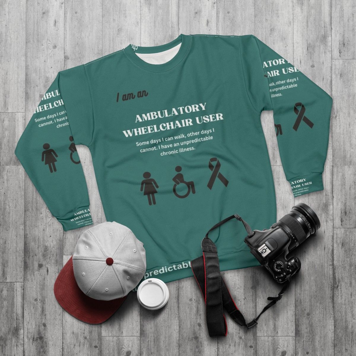 Ambulatory wheelchair user awareness sweatshirt - flat lay