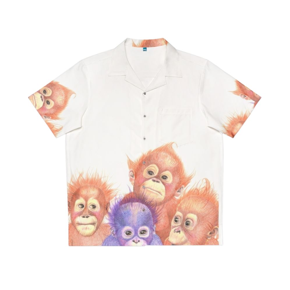 Colorful Hawaiian shirt with adorable baby orangutans in orange and purple