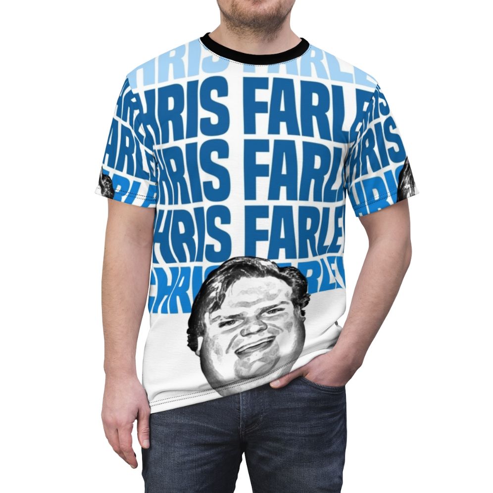 Nostalgic 90s graphic t-shirt featuring a sketched image of comedian Chris Farley - men front