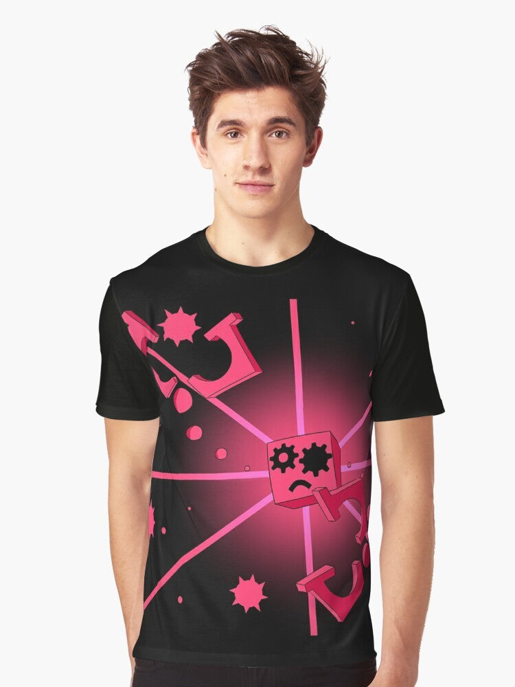 Close to Me graphic t-shirt featuring a cube design in pink and white colors, inspired by the video game Just Shapes and Beats - Men