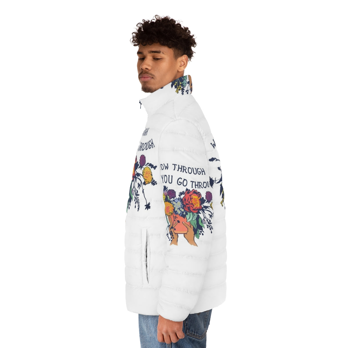 Puffer jacket with floral design and inspirational quote "Grow Through What You Go Through" - men side left