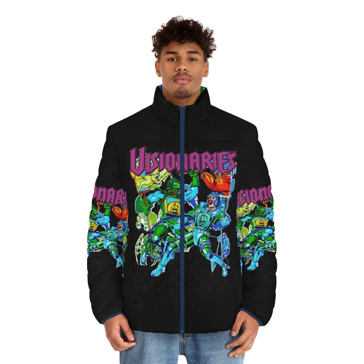 Retro 80s visionaries puffer jacket with psychedelic, trippy, and vintage inspired design - men front