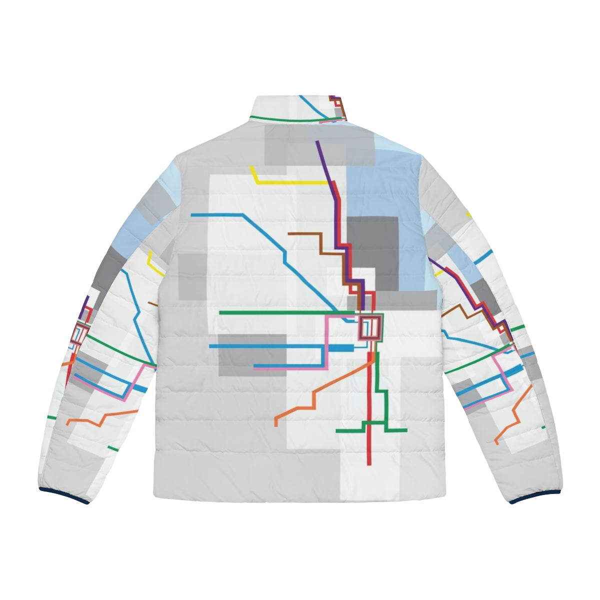 Chicago Transit Map Puffer Jacket with City Skyline - Back