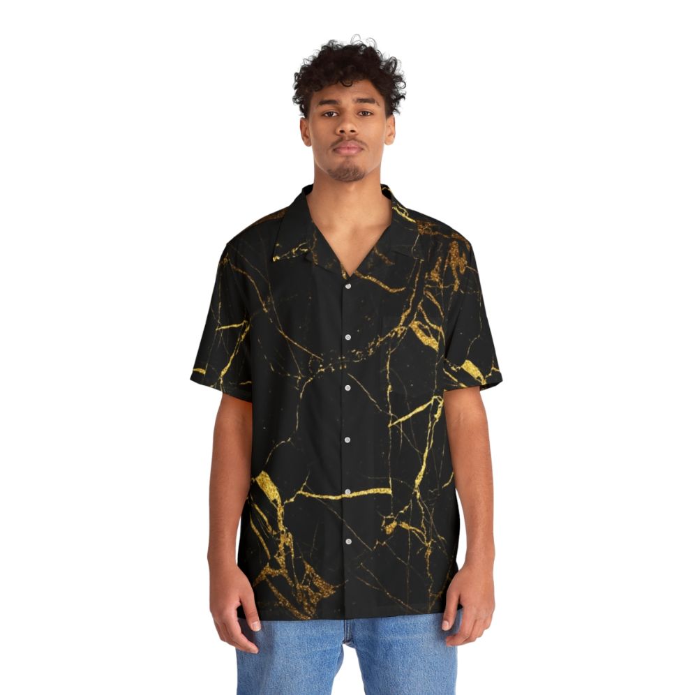 Black Gold Marble Hawaiian Shirt - People Front