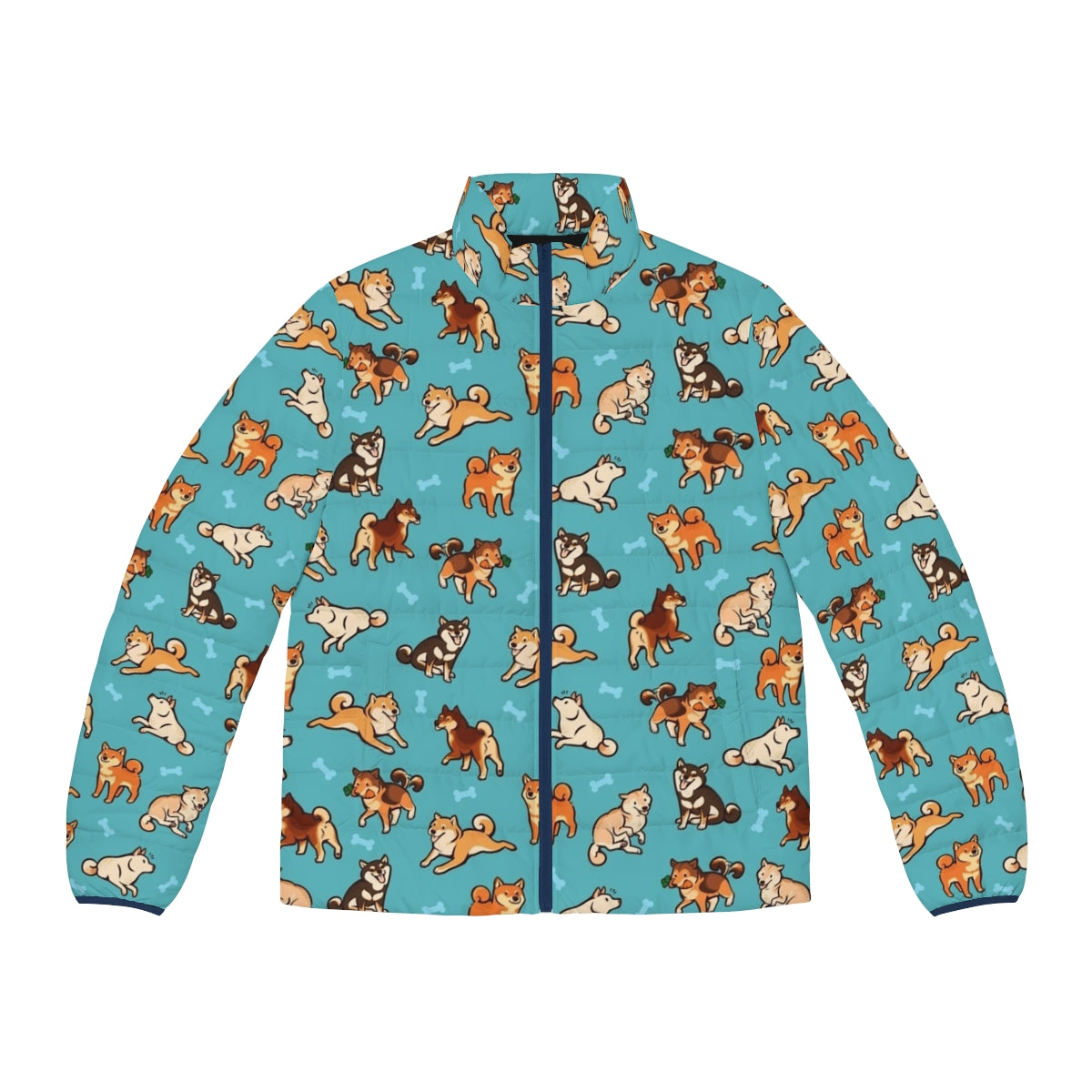 Shiba inu wearing a blue puffer jacket with a cute dog pattern