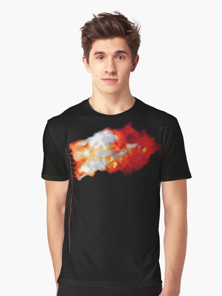 Graphic t-shirt with a burning American flag design, representing political protest. - Men