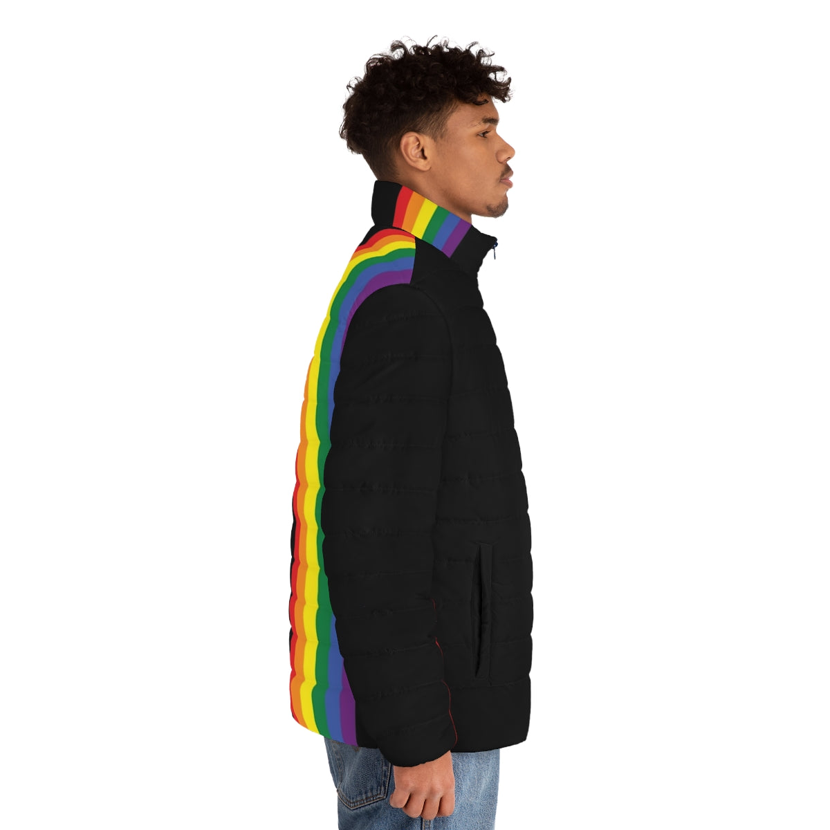 Colorful rainbow puffer jacket with LGBTQ pride stripe design - men side right