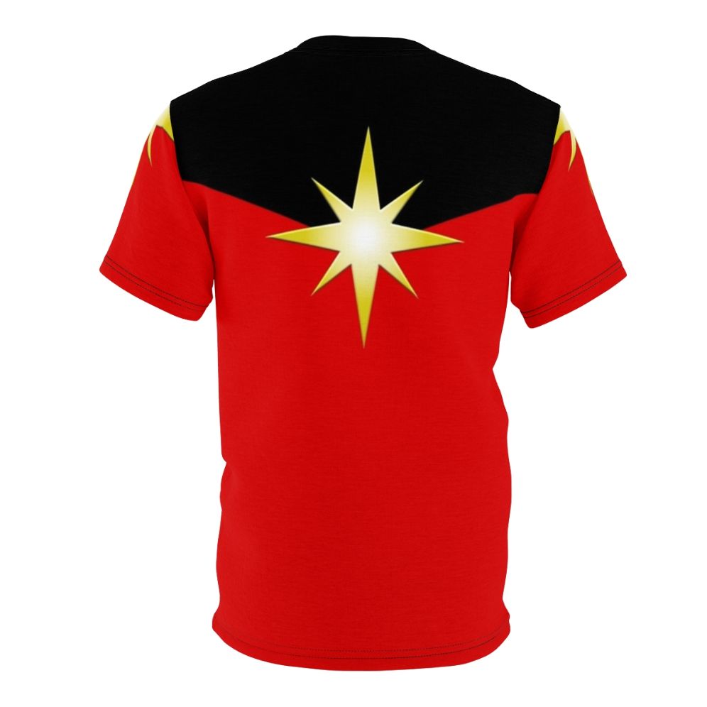 A t-shirt featuring a striking cosmic star design in golden and metallic tones, with sci-fi and superhero inspired elements. - Back