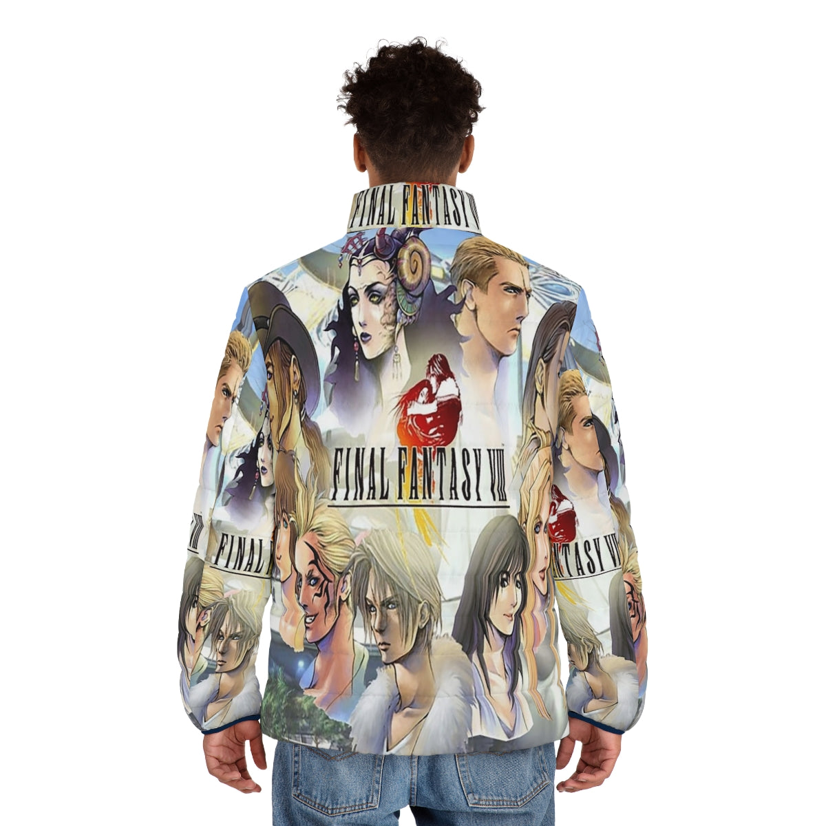 Final Fantasy VIII Puffer Jacket featuring iconic game characters and elements - men back