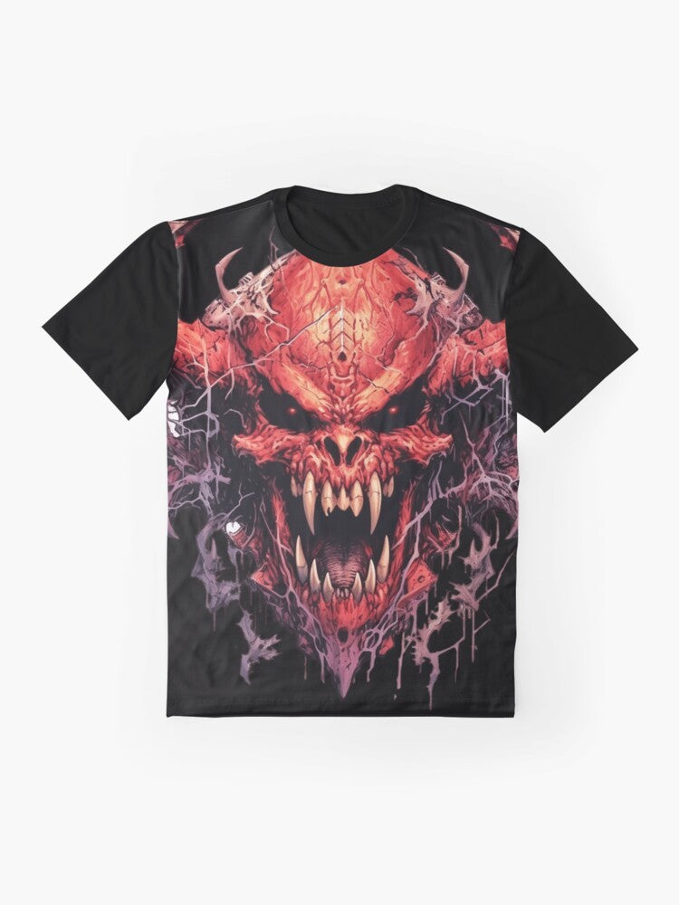 Horned demon skull design on a classic retro gaming style t-shirt for doom marine fans. - Flat lay