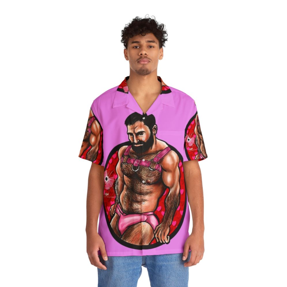 Bearded muscle bear wearing a Hawaiian shirt with a Valentine's Day theme - People Front