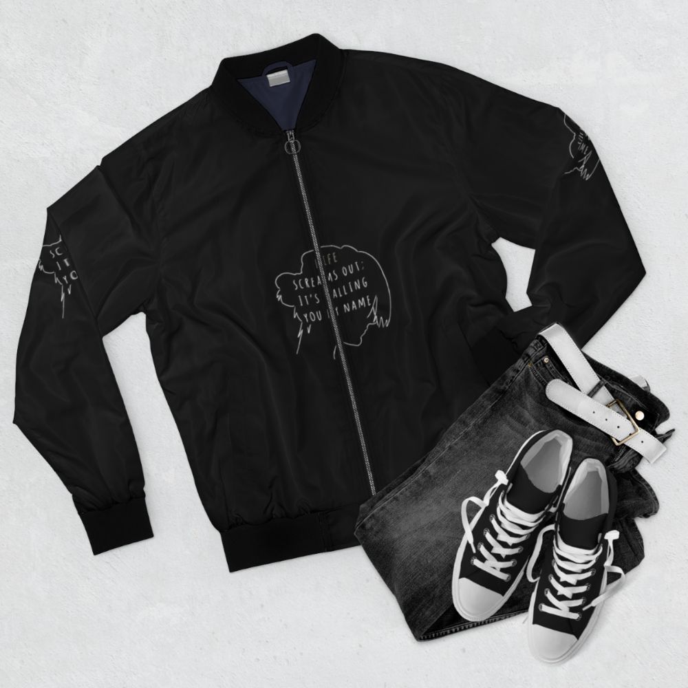 "Life Screams" minimalist bomber jacket with music and lyrics design - Flat lay