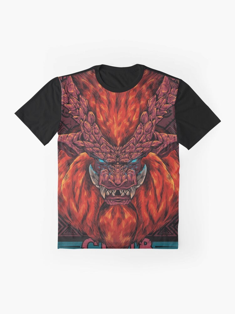 A graphic t-shirt featuring the monster hunter Teostra, an elder dragon from the Monster Hunter video game series. - Flat lay